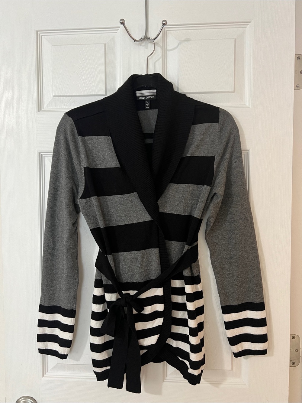 Allison Brittney Black, Gray & White Striped Shawl Collar Belted Cardigan